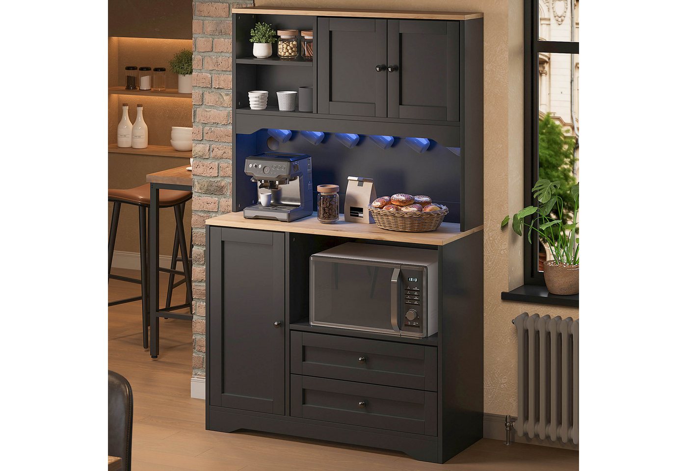 Flieks Küchenbuffet Hochschrank mit LED-Beleuchtung, Steckdosen, 6 Haken, Türablagen (Ladefunktion, verstellbare Einlegeböden, 1-St., B100xT40xH163 cm) Küchenschrank Mehrzweckschrank mit Arbeitsplatte Natur&Schwarz Bild 4
