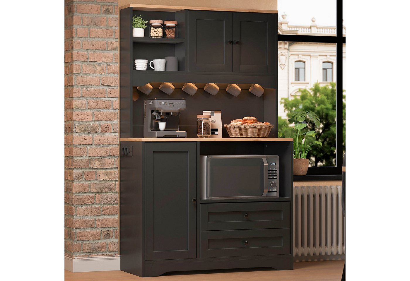 Flieks Küchenbuffet Hochschrank mit LED-Beleuchtung, Steckdosen, 6 Haken, Türablagen (Ladefunktion, verstellbare Einlegeböden, 1-St., B100xT40xH163 cm) Küchenschrank Mehrzweckschrank mit Arbeitsplatte Natur&Schwarz Bild 5