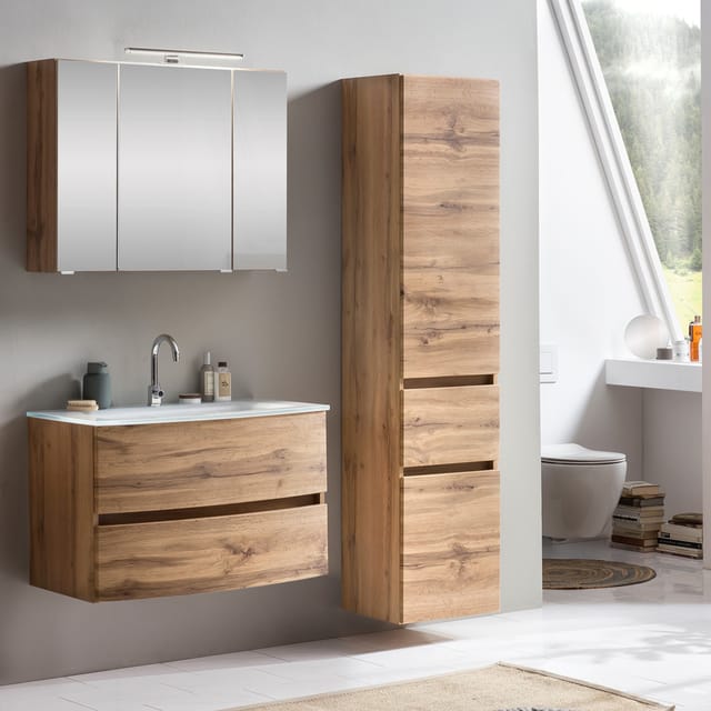 Lomadox - Badezimmer Waschtisch Kombi LAURIA-03 in Wotaneiche Nb. mit Glasbecken weiß, BxHxT: ca. 140x200x49 cm