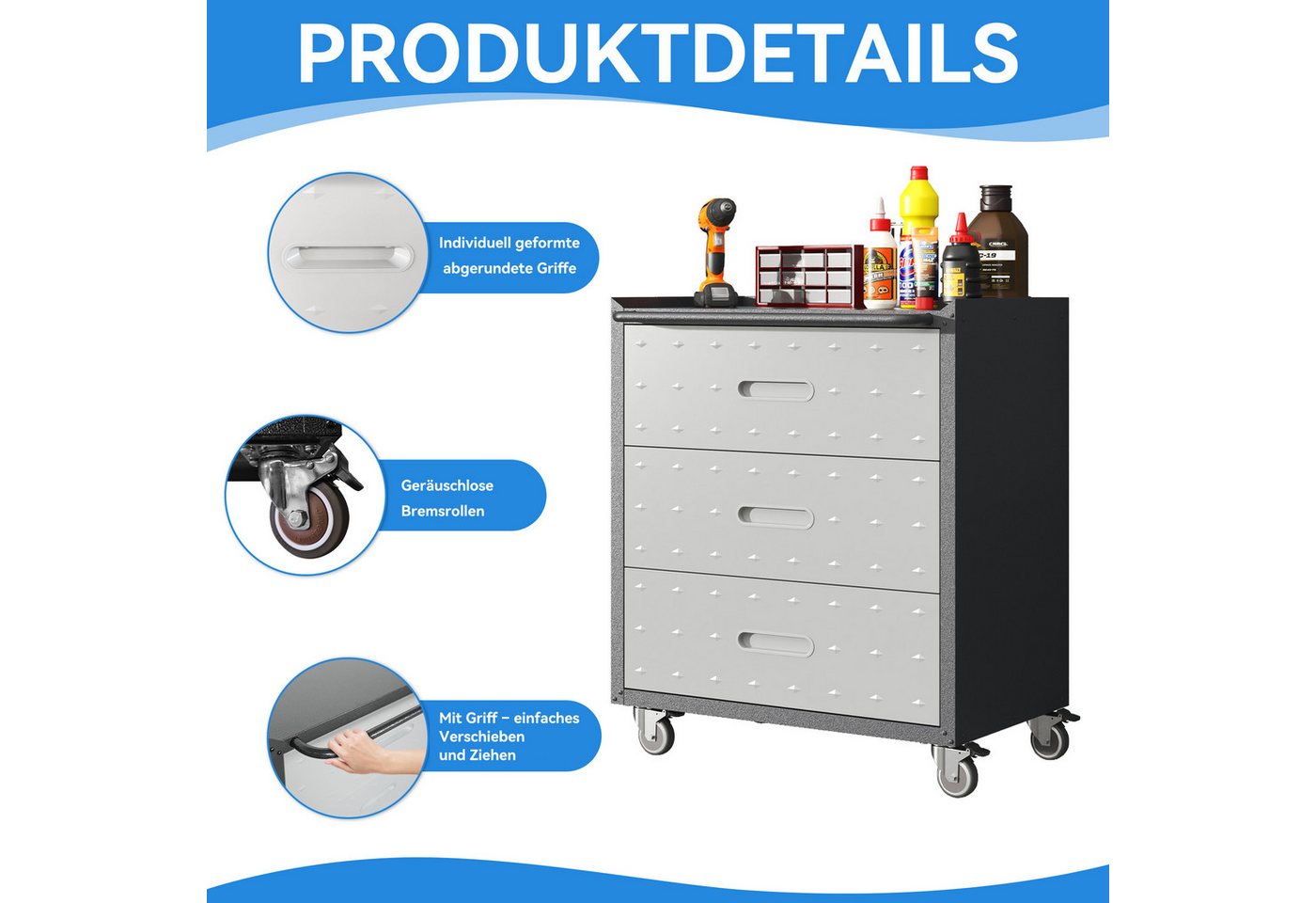 Odikalo Werkzeugschrank Heavy-Duty Metall mit Rollen 3-Schubladen-Tool-Cabinet grau/schwarz 75 × 42 × 88 cm Bild 2