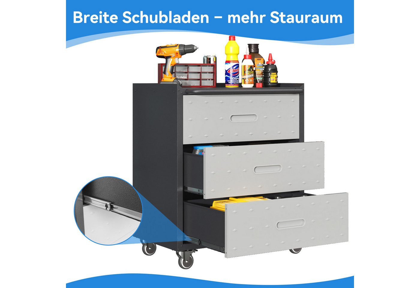 Odikalo Werkzeugschrank Heavy-Duty Metall mit Rollen 3-Schubladen-Tool-Cabinet grau/schwarz 75 × 42 × 88 cm Bild 3