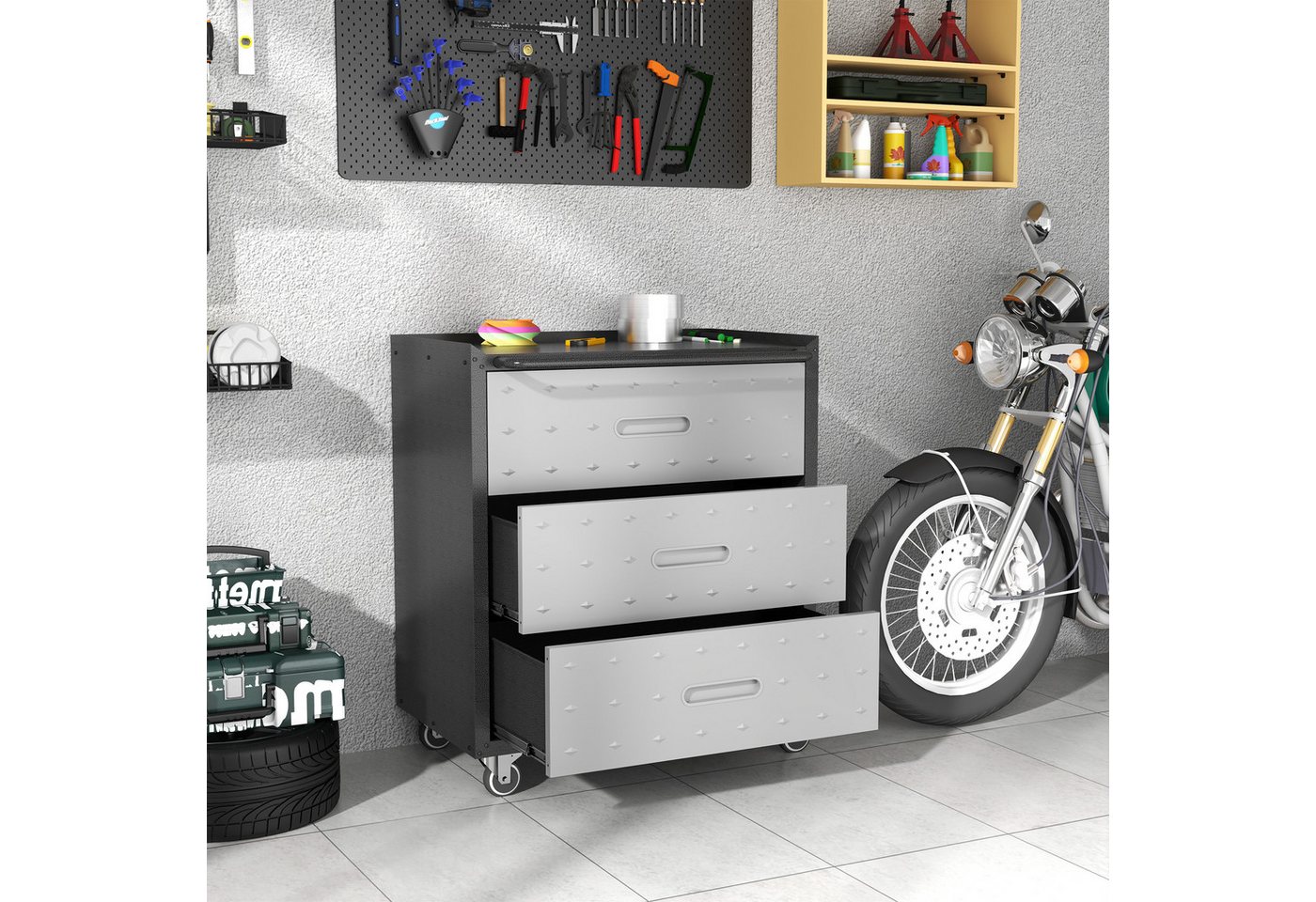 Odikalo Werkzeugschrank Heavy-Duty Metall mit Rollen 3-Schubladen-Tool-Cabinet grau/schwarz 75 × 42 × 88 cm Bild 4