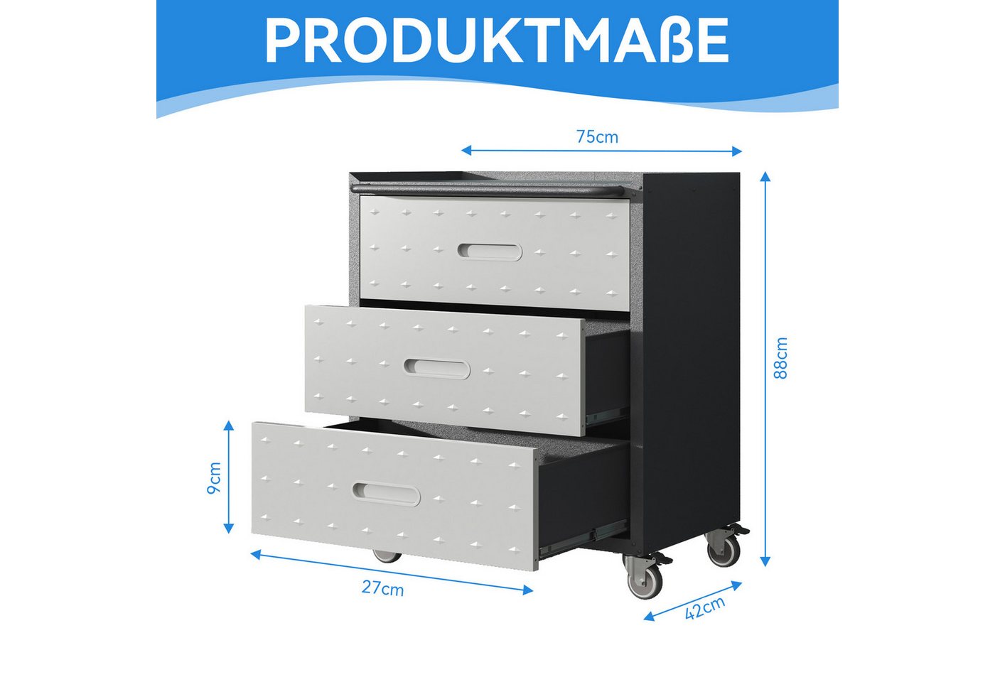 Odikalo Werkzeugschrank Heavy-Duty Metall mit Rollen 3-Schubladen-Tool-Cabinet grau/schwarz 75 × 42 × 88 cm Bild 5
