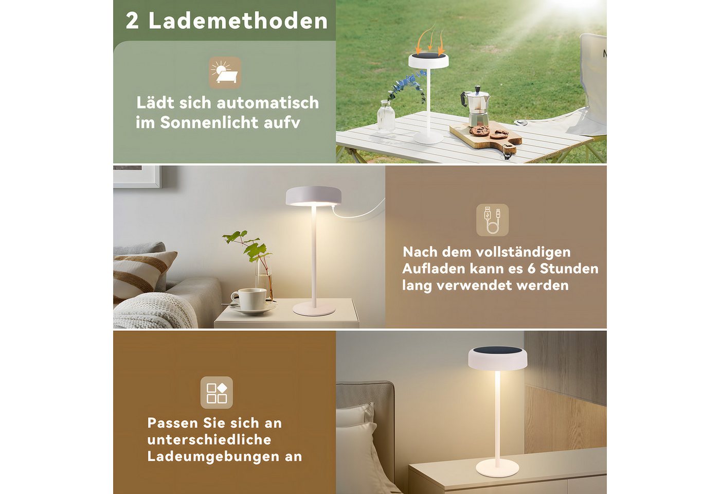 ZMH LED Tischleuchte Akku, kabellose Tischlampe mit USB-C- und Solaraufladung, Touch-Dimmer, 3 Farbtemperaturen 3000K/4000K/5000K, 3600 mAh, LED fest integriert, 4W,Warmweiß-Neutralweiß-Kaltweiß