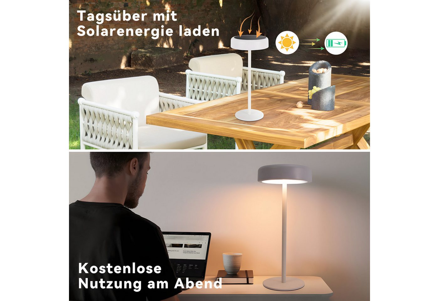 ZMH LED Tischleuchte Akku, kabellose Tischlampe mit USB-C- und Solaraufladung, Touch-Dimmer, 3 Farbtemperaturen 3000K/4000K/5000K, 3600 mAh, LED fest integriert, 4W,Warmweiß-Neutralweiß-Kaltweiß Bild 3