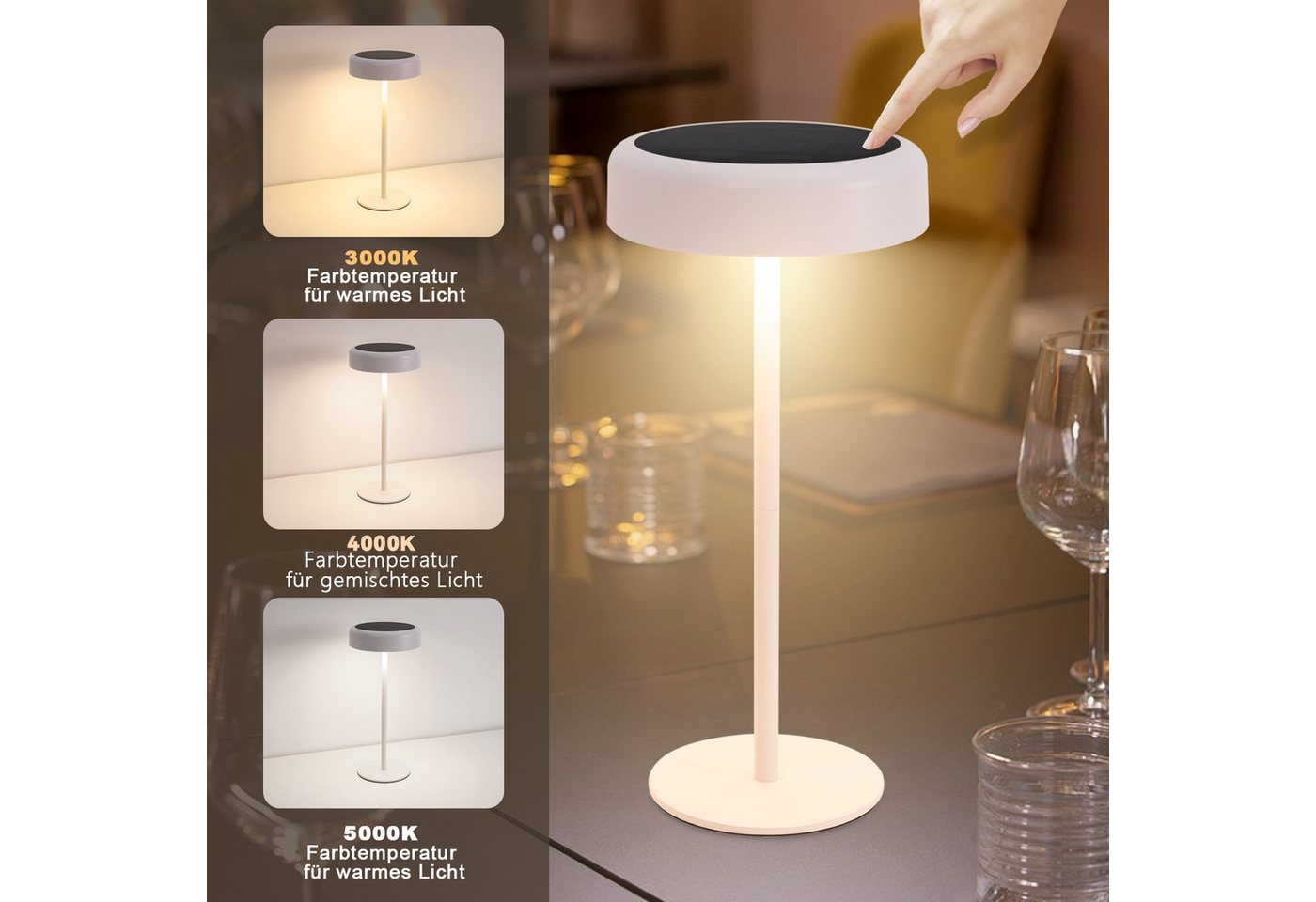 ZMH LED Tischleuchte Akku, kabellose Tischlampe mit USB-C- und Solaraufladung, Touch-Dimmer, 3 Farbtemperaturen 3000K/4000K/5000K, 3600 mAh, LED fest integriert, 4W,Warmweiß-Neutralweiß-Kaltweiß Bild 4