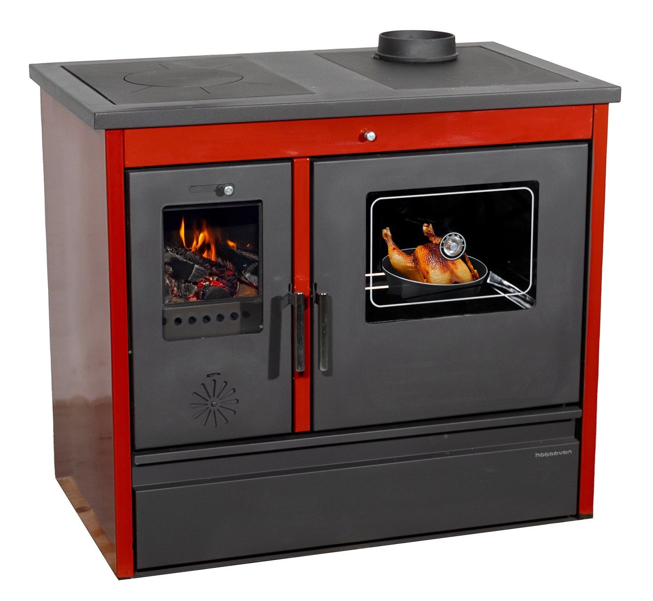 Hosseven Kaminofen mit Backfach und Herdplatte 4050 Lotus Classic Rot Holzofen, 11 kW, Dauerbrand, Holz Ofen Mehrfachbelegung Kamin Heizofen Küchenherd