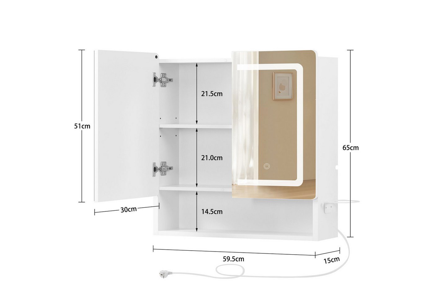 TEENFON Badezimmerspiegelschrank mit drei Farbtemperatureinstellungen, weiß (1-St) Bild 5