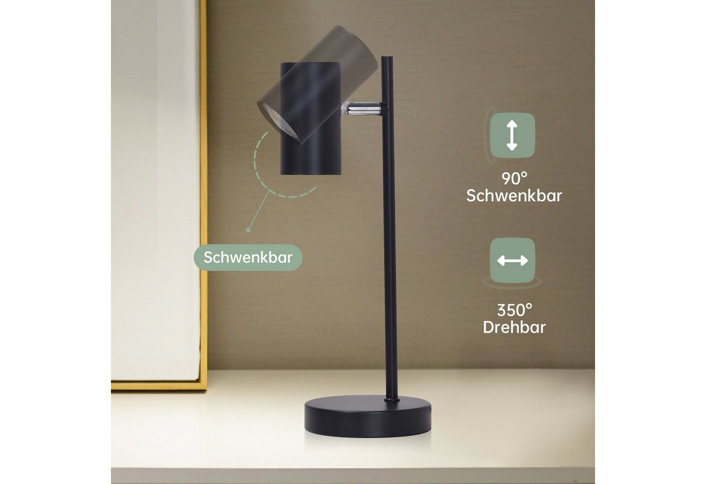 ZMH Tischleuchte GU10,schwenkbare Tischlampe mit 350° Drehbereich, 90° neigbar, ohne Leuchtmittel, für Schreibtisch, Nachttisch und Arbeitszimmer Bild 2