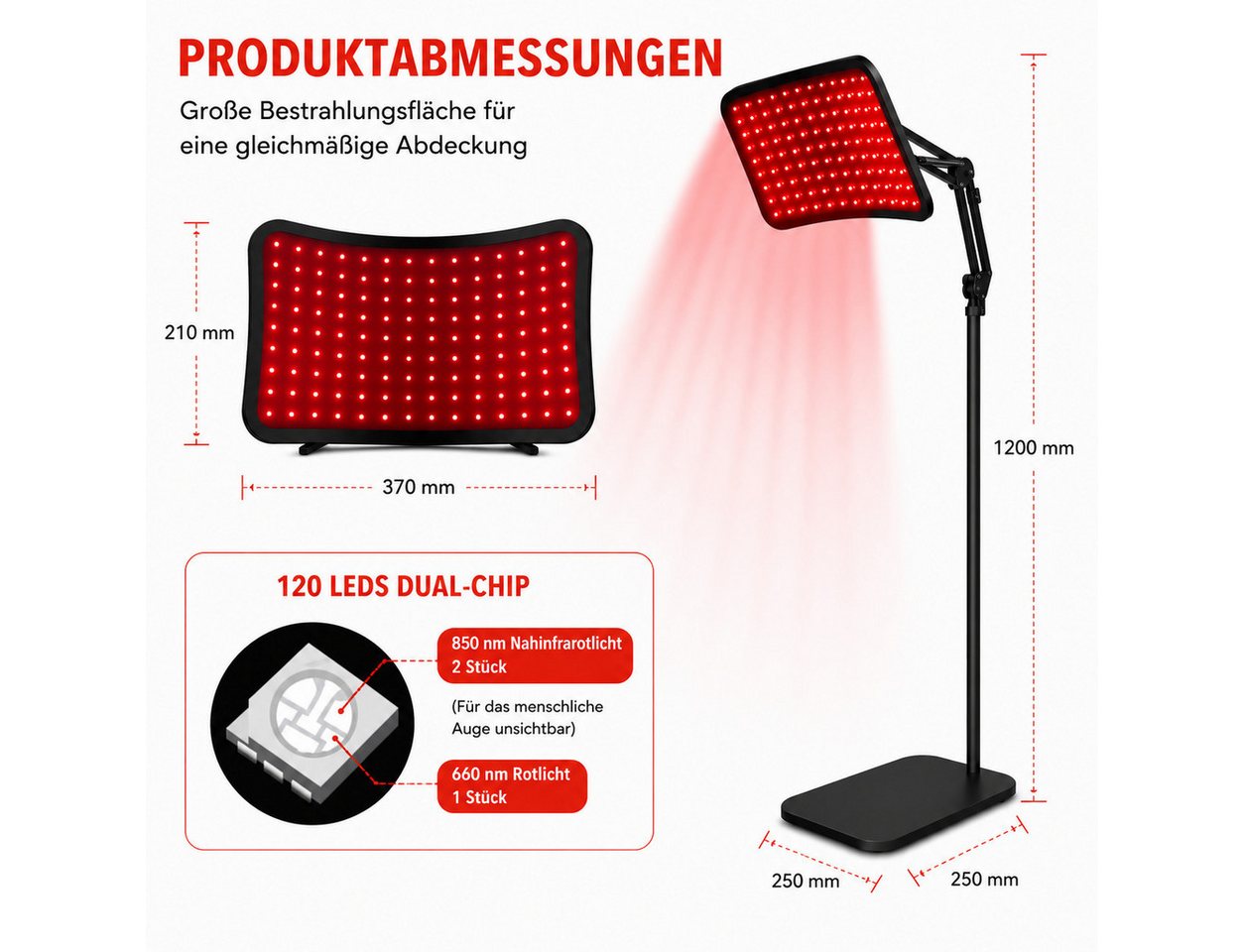 Toomoke Infrarotlampe Rotlichtlampe für Körper, Nah-Infrarot-Lichttherapiegerät 660+850 nm, LED-Rotlichtlampe mit 120 Dual-Chip-LEDs, großflächigem Panel und flexiblem Standfuß, für Körper, Nah-Infrarot-Lichttherapiegerät Bild 3