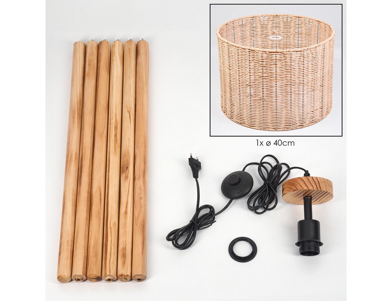 hofstein Stehlampe Stehlampe mit Holzfuß und Schirm aus Rattan, ohne Leuchtmittel, Boho-Style, skandinavisches Design (40 cm), Fußschalter, 1 x E27