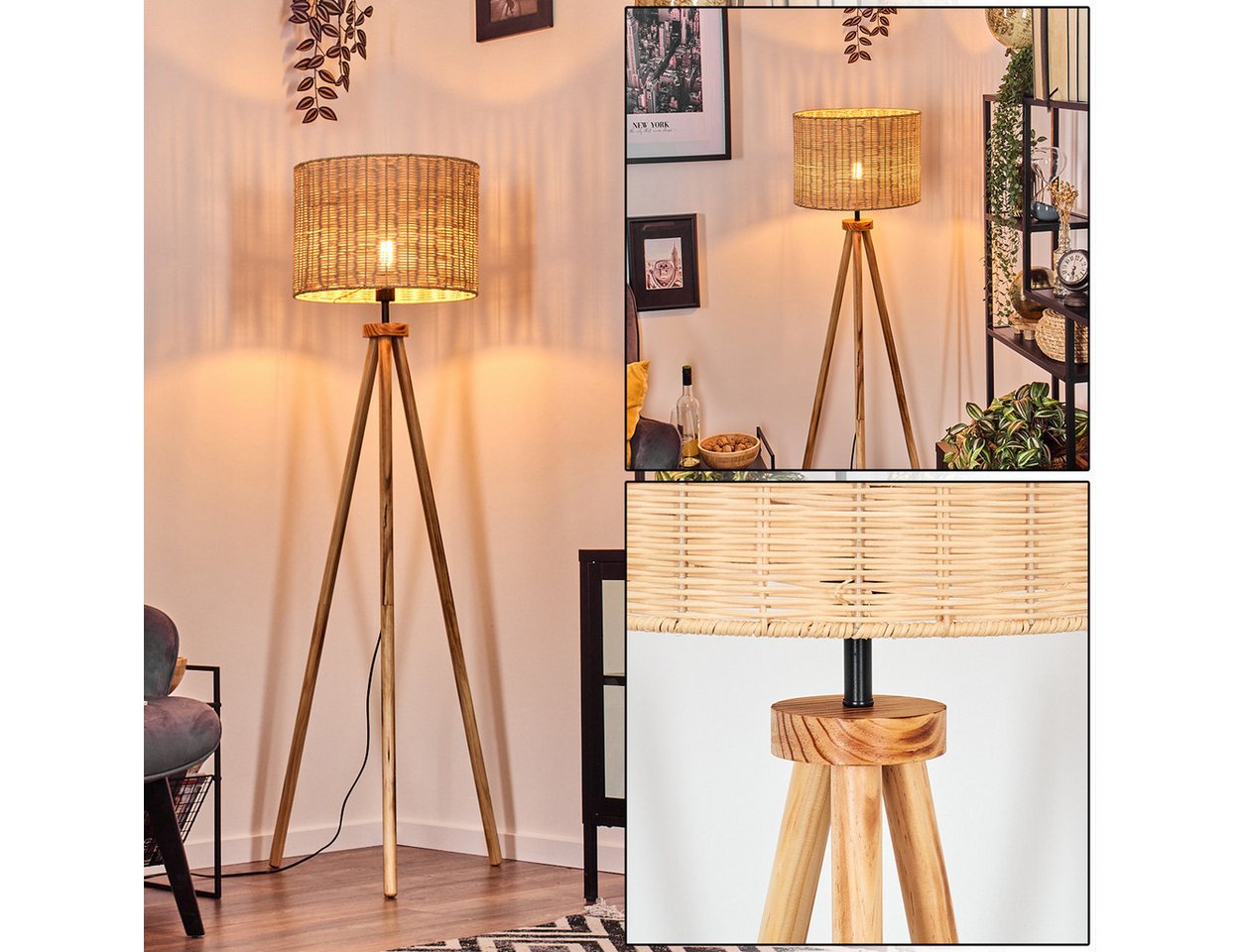 hofstein Stehlampe Stehlampe mit Holzfuß und Schirm aus Rattan, ohne Leuchtmittel, Boho-Style, skandinavisches Design (40 cm), Fußschalter, 1 x E27 Bild 2