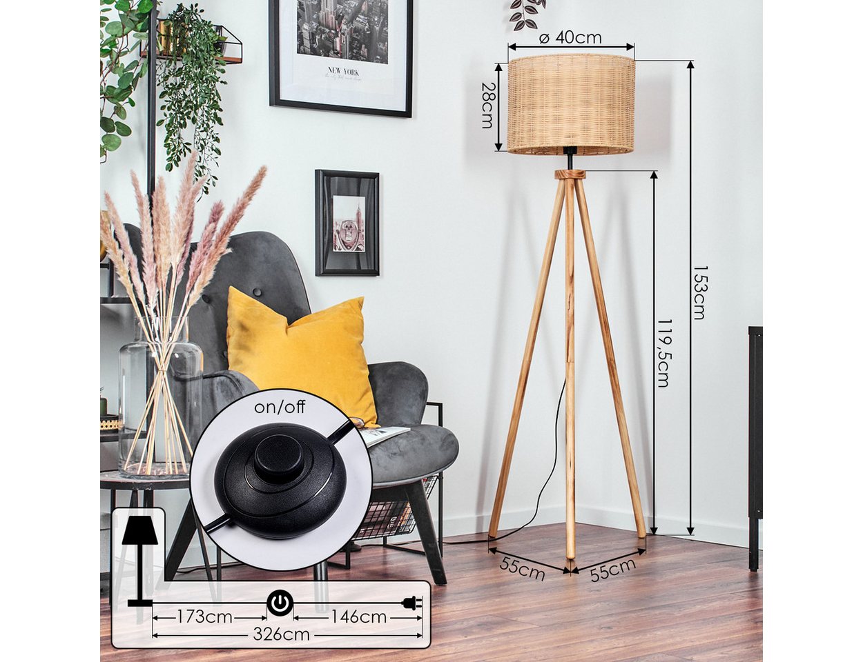 hofstein Stehlampe Stehlampe mit Holzfuß und Schirm aus Rattan, ohne Leuchtmittel, Boho-Style, skandinavisches Design (40 cm), Fußschalter, 1 x E27 Bild 3