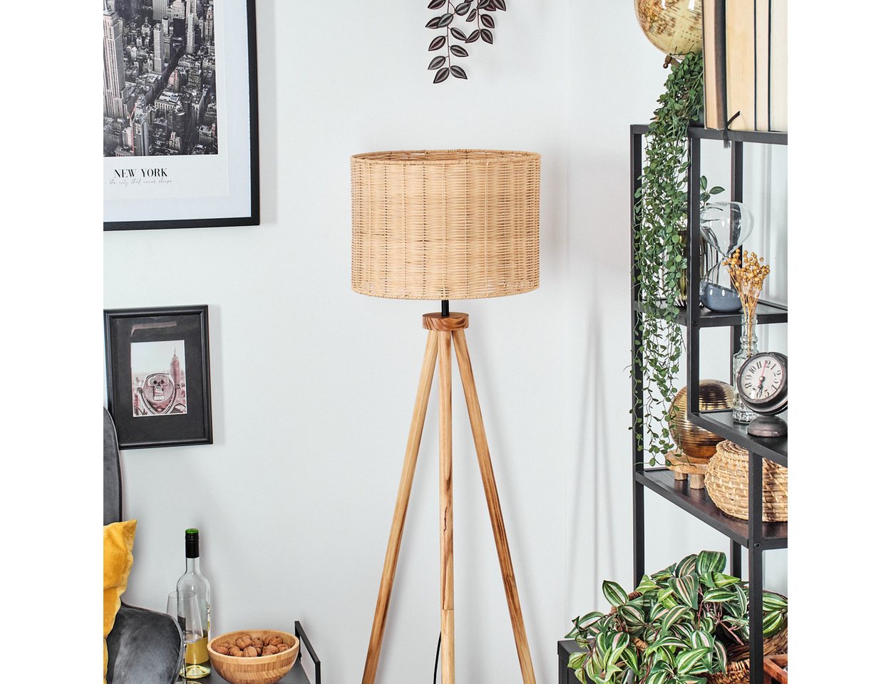 hofstein Stehlampe Stehlampe mit Holzfuß und Schirm aus Rattan, ohne Leuchtmittel, Boho-Style, skandinavisches Design (40 cm), Fußschalter, 1 x E27 Bild 5