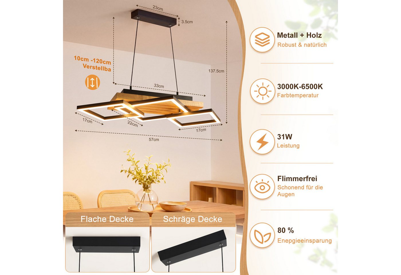 Nettlife LED Pendelleuchte Esstisch Holz moderne Hängelampe Esszimmerleuchte dimmbar, für Wohnzimmer Küche Nachttischleuchte rustikal-skandinavischer Stil Bild 3