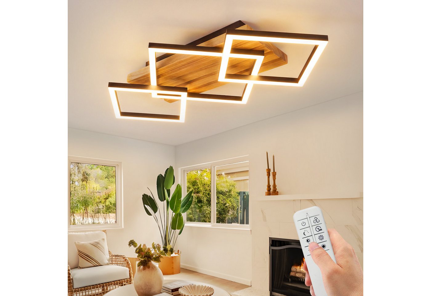 Nettlife LED Deckenleuchte Holz 3eckig dimmbare Fernbedienung Schwarz moderne Deckenlampe, LED fest integriert, für Schlafzimmer Küche Flur Büro 31W 57CM