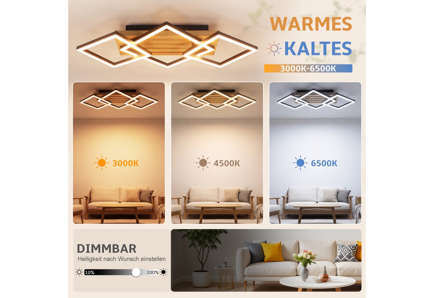 Nettlife LED Deckenleuchte Holz 3eckig dimmbare Fernbedienung Schwarz moderne Deckenlampe, LED fest integriert, für Schlafzimmer Küche Flur Büro 31W 57CM Bild 2