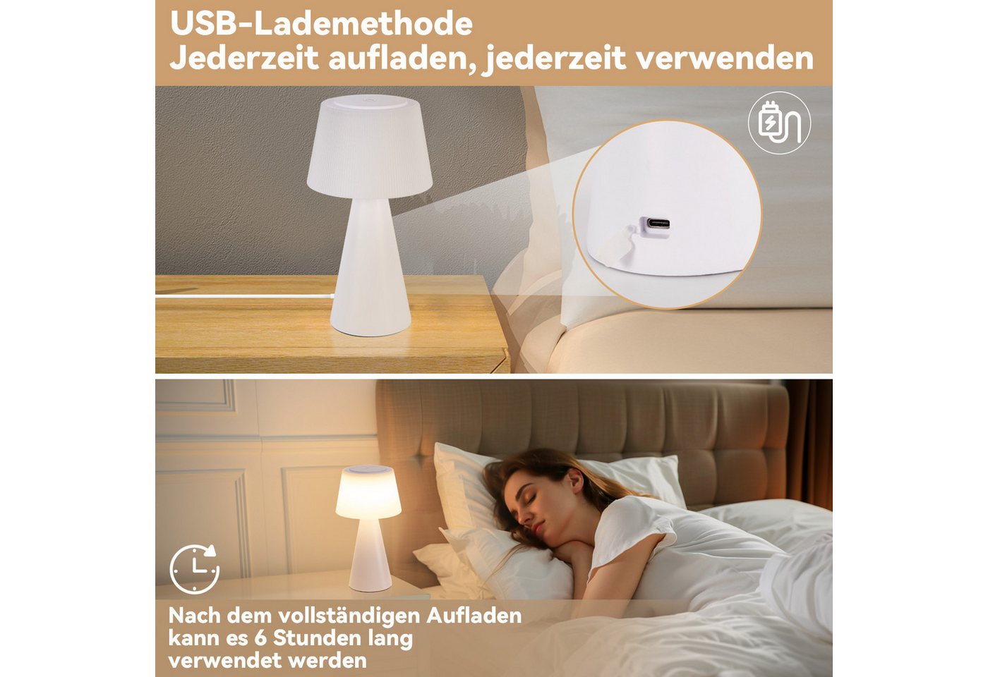 ZMH LED Tischleuchte kabellose Akku Tischlampe mit USB-C, Touch-Dimmer, 3 Helligkeitsstufen, Lichtfarbe 3000–6500 K, 3600 mAh, LED fest integriert, Warmweiß bis Tageslichtweiß, für Wohnzimmer und Schlafzimmer