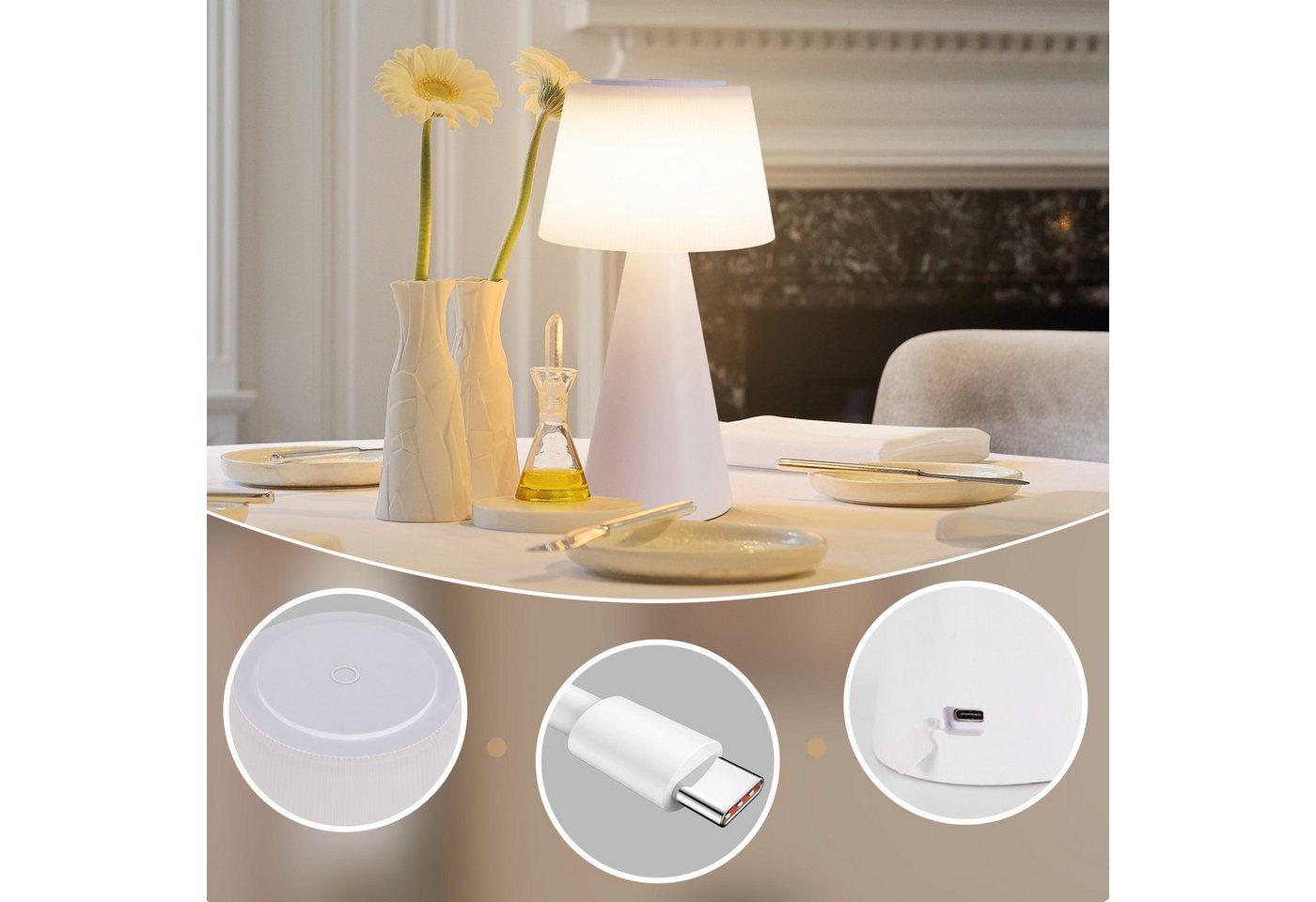 ZMH LED Tischleuchte kabellose Akku Tischlampe mit USB-C, Touch-Dimmer, 3 Helligkeitsstufen, Lichtfarbe 3000–6500 K, 3600 mAh, LED fest integriert, Warmweiß bis Tageslichtweiß, für Wohnzimmer und Schlafzimmer Bild 3