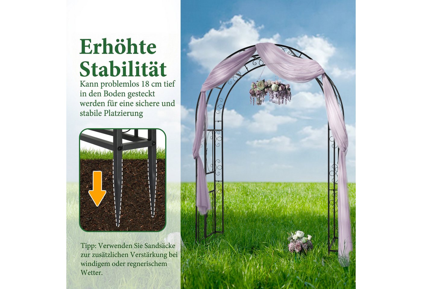 LALAHO Rosenbogen Gartenpergola Torbogen aus Eisen, 192 x 58 x 240 cm, Gartenlaube, Hochzeitsbogen, Stabiler Rankbogen für Kletterpflanzen