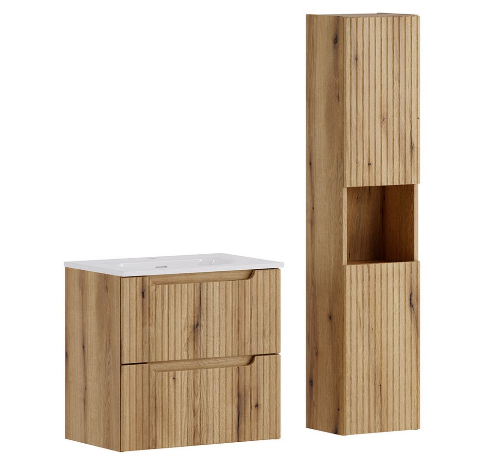 Lomadox Badmöbel-Set NEWPORT-56-EVOKE, (Spar-Set, 2-St., Waschtisch Hochschrank), in Eiche mit gerillter Front Bild 3