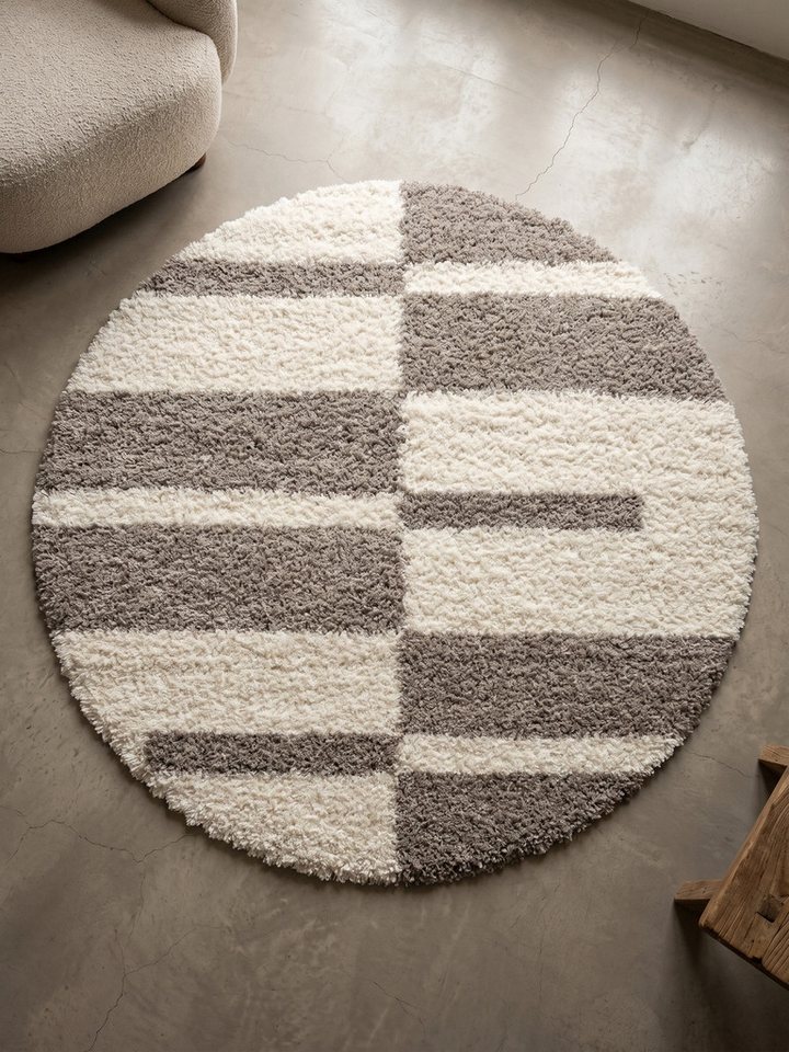 KADIMA DESIGN Teppich WERFEN Shaggy Langflor Wohnzimmer Schlafzimmer Waschbar Kariert, Rund, Höhe: 32 mm, Beige, 80x80 cm, Wohnzimmerteppich Strapazierfähig Flauschig Waschbar