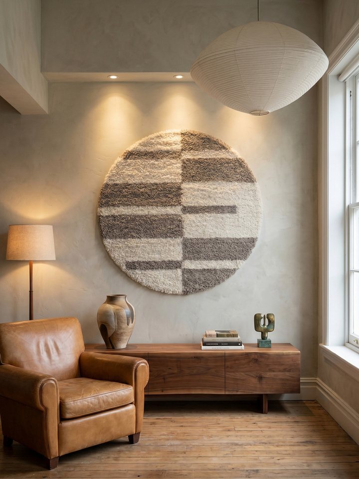 KADIMA DESIGN Teppich WERFEN Shaggy Langflor Wohnzimmer Schlafzimmer Waschbar Kariert, Rund, Höhe: 32 mm, Beige, 80x80 cm, Wohnzimmerteppich Strapazierfähig Flauschig Waschbar Bild 4