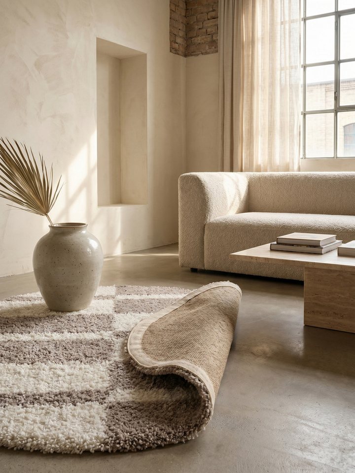 KADIMA DESIGN Teppich WERFEN Shaggy Langflor Wohnzimmer Schlafzimmer Waschbar Kariert, Rund, Höhe: 32 mm, Beige, 80x80 cm, Wohnzimmerteppich Strapazierfähig Flauschig Waschbar Bild 5