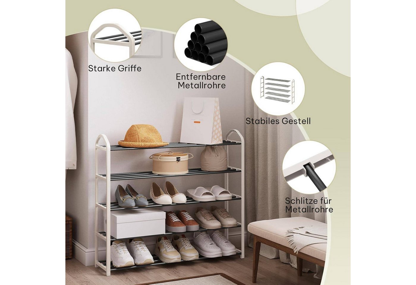EUGAD Schuhregal, 1-tlg., 5-Ebenen–Metallrohrgestell, für Flur, Wohnzimmer, Schlafzimmer