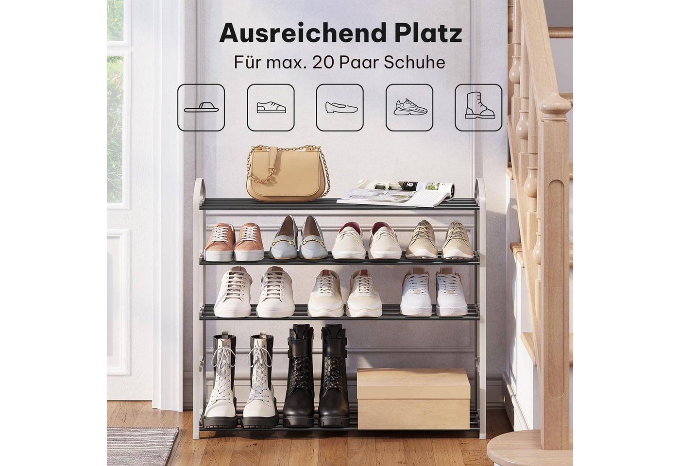 EUGAD Schuhregal, 1-tlg., 5-Ebenen–Metallrohrgestell, für Flur, Wohnzimmer, Schlafzimmer Bild 2