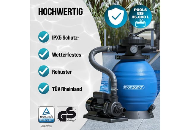Deuba - monzana® Sandfilteranlage SF12K 10.200L/h bis 35.000L Pool Selbstansaugend 400 Watt 2in1 Adapter Ø32–38mm 7 Wege Ventil Sandfilterpumpe