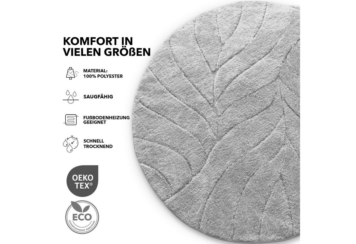 Floordirekt Badematte Maris, ausfranssicher, verschiedene Farben, aus weicher Mikrofaser, Höhe 15 mm, rutschhemmend beschichtet, fusselfrei, Polyester, Rund, 120cm Durchmesser, für Fußbodenheizung geeignet Bild 2