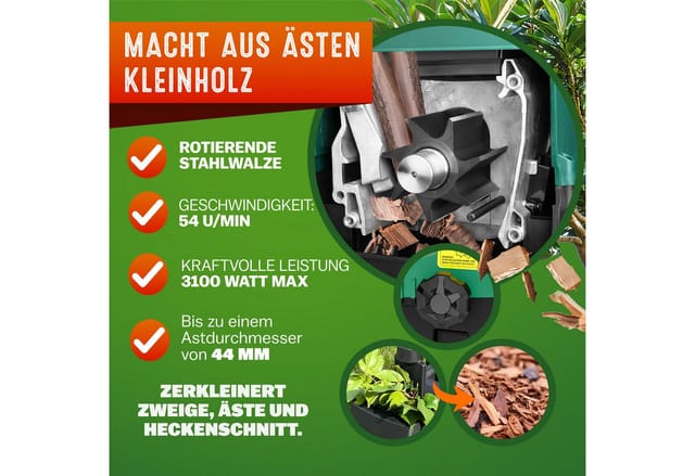 Gardebruk - Leisehäcksler 3100 w max. 44mm Aststärke Elektrisch 2x 60 l Auffangbeutel Gartenhäcksler Walzenhäcksler Schredder