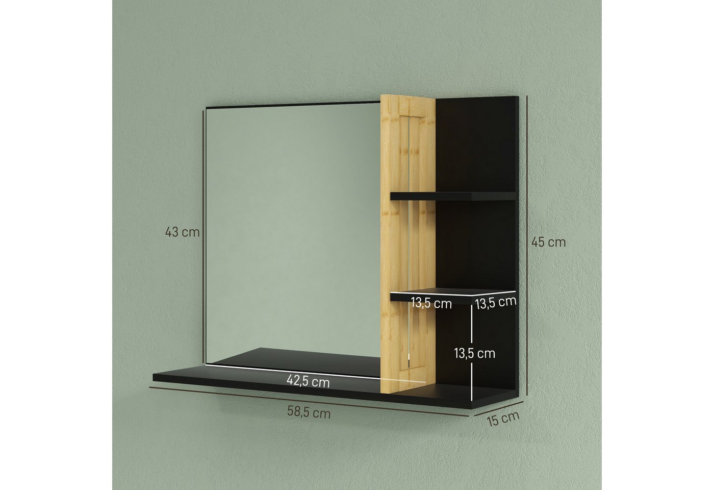 BAYMATE Spiegelschrank Badezimmer-Wandspiegel mit Ablagefächern (3 seitliche Ablagen + 1 untere Ablage – Bambusholz) Bild 4