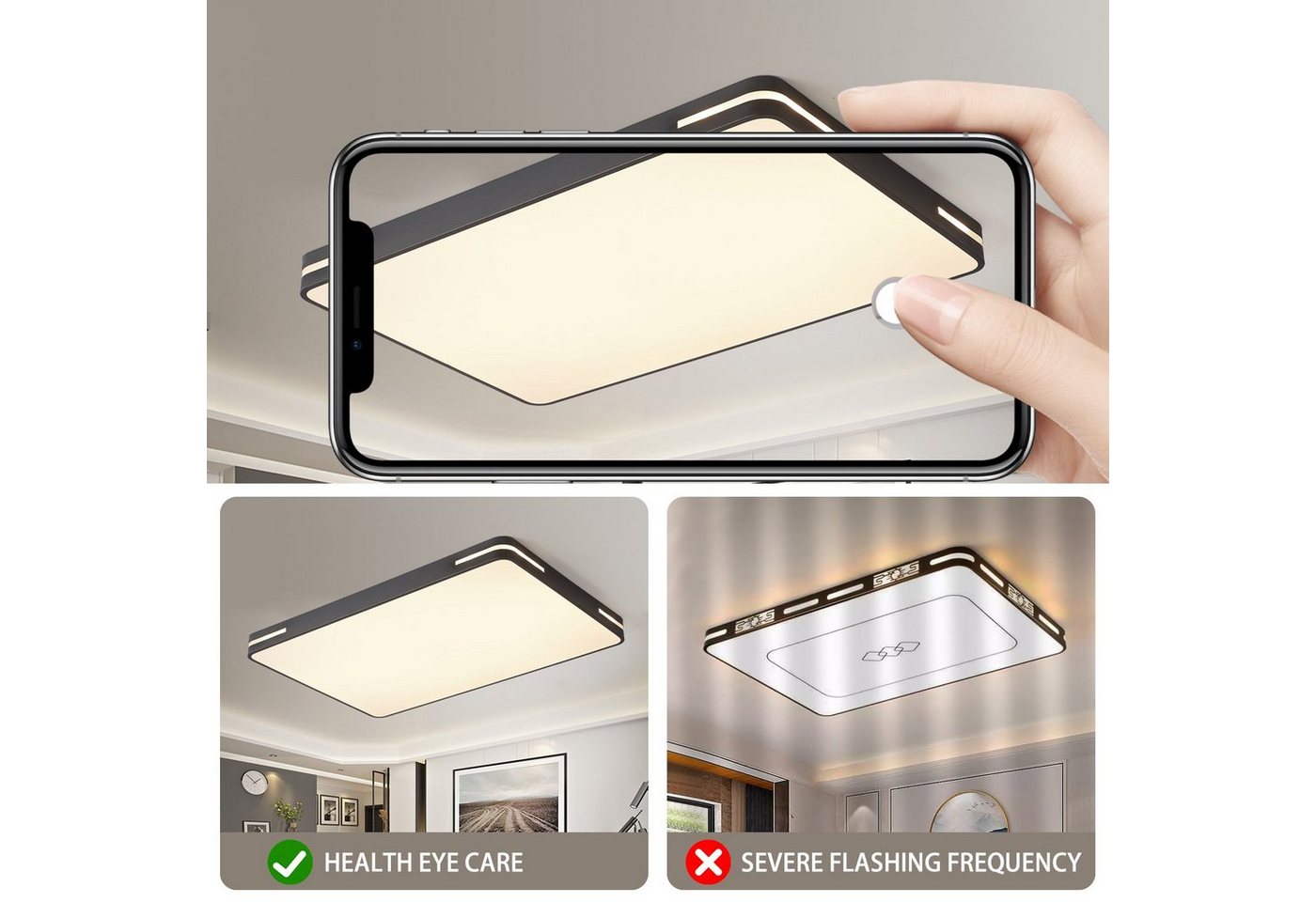 style home LED Deckenleuchte Deckenlampe, 192W-90x60x5cm, LED fest integriert, Warmweiß bis Kaltweiß, Rechteckige Lampe für Wohnzimmer Schlafzimmer Büro, Schwarz Bild 3