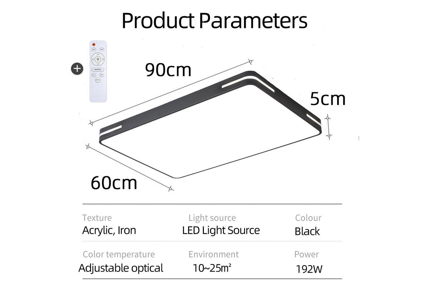 style home LED Deckenleuchte Deckenlampe, 192W-90x60x5cm, LED fest integriert, Warmweiß bis Kaltweiß, Rechteckige Lampe für Wohnzimmer Schlafzimmer Büro, Schwarz Bild 4
