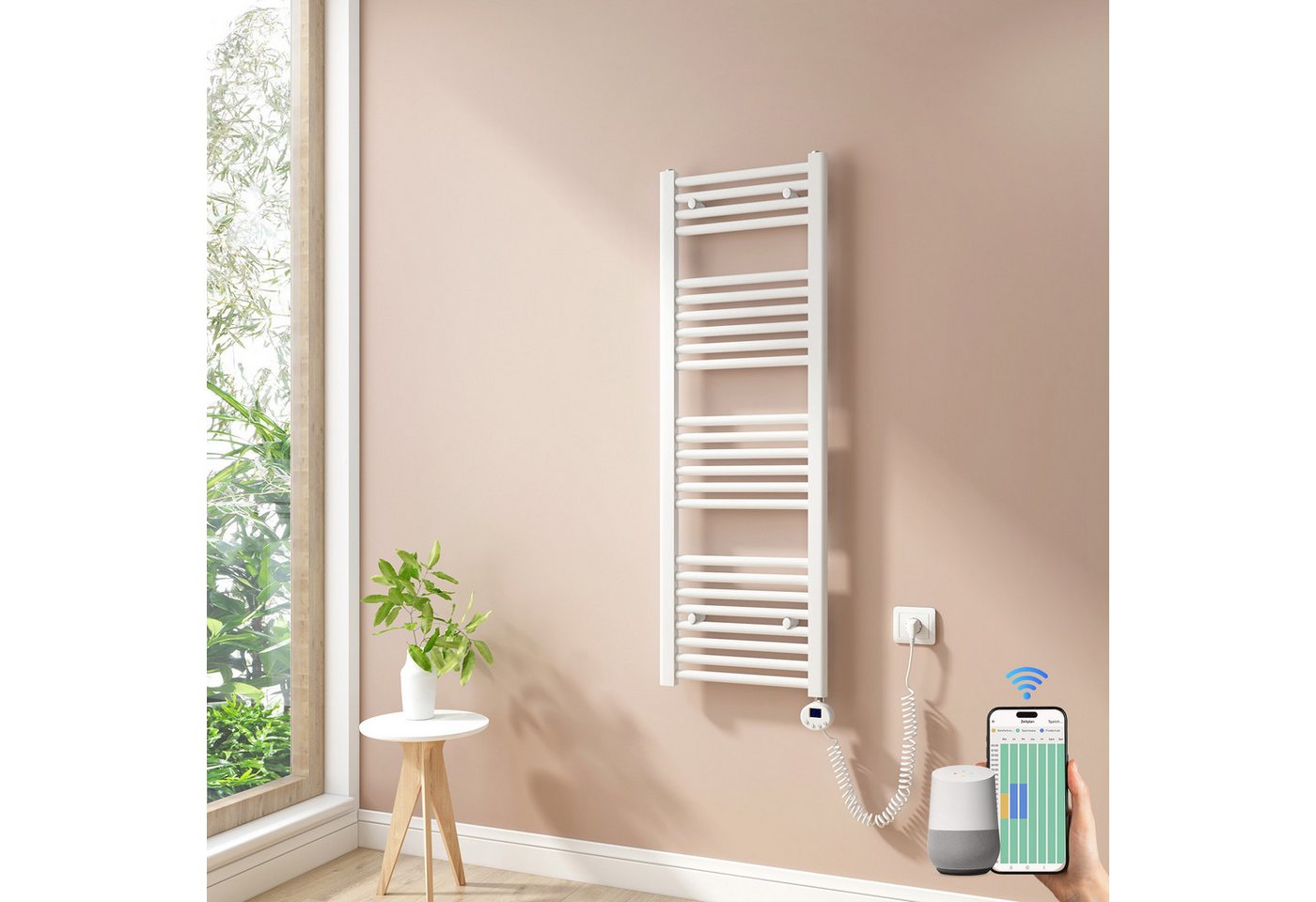 MEYKOERS Elektrischer Badheizkörper mit Smart WLAN Thermostat Heizstab, Höhe: 120 cm, Intelligente App/Sprachsteuerung, Weiß/Anthrazit Bild 2