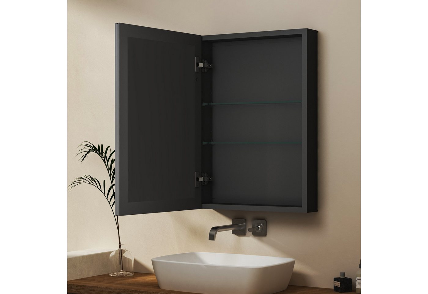 WDWRITTI Spiegelschrank Alu Metall Badezimmerspiegelschrank 1 türig Eckig (Hängeschrank Badschrank Schwarz, 50,8 x 12,5 x 71,1 cm) vormontiert geliefert, Wandbohrungen Bild 2