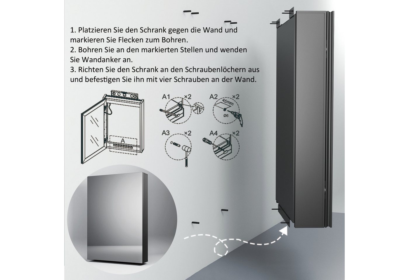 WDWRITTI Spiegelschrank Alu Metall Badezimmerspiegelschrank 1 türig Eckig (Hängeschrank Badschrank Schwarz, 50,8 x 12,5 x 71,1 cm) vormontiert geliefert, Wandbohrungen Bild 3