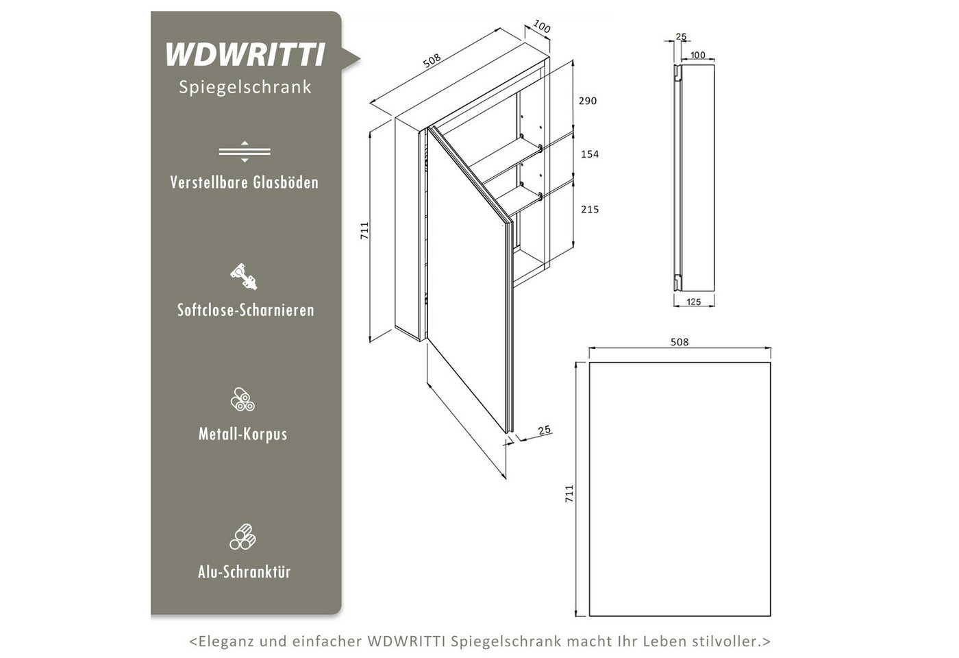 WDWRITTI Spiegelschrank Alu Metall Badezimmerspiegelschrank 1 türig Eckig (Hängeschrank Badschrank Schwarz, 50,8 x 12,5 x 71,1 cm) vormontiert geliefert, Wandbohrungen Bild 4