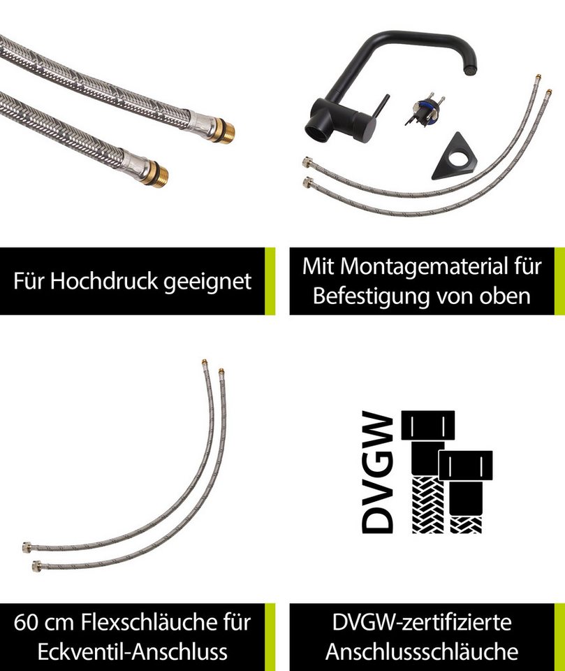 aquaSu Spültischarmatur Larina Vorfensterarmatur, Schwarz, herausnehmbar, schwenkbar, hoher Auslauf Bild 4