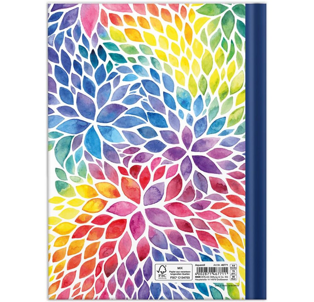 RNK Verlag Notizbuch Aquarell DIN A4 Hardcover blanko 96 Blatt, Skizzenbuch, Zeichenbuch, Kreativbuch, Ideenbuch, Unbedruckt