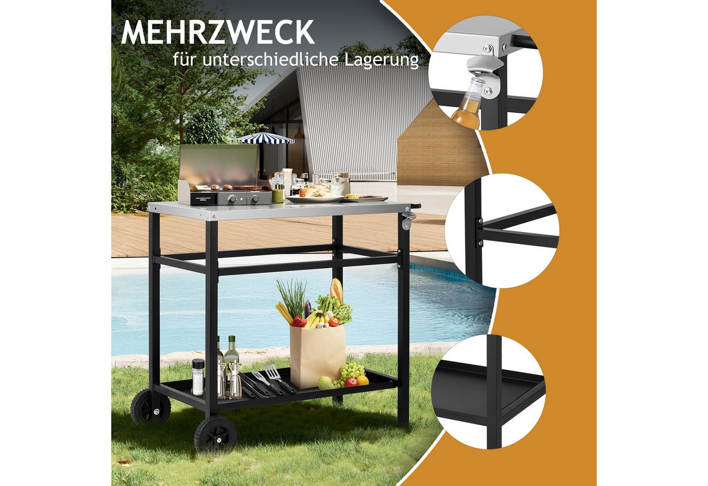 LALAHO Grillablagetisch Grilltisch Outdoor Schreibtisch aus Edelstahl Silber, Beistelltisch mit Rädern, 95 x 51 x 83 cm