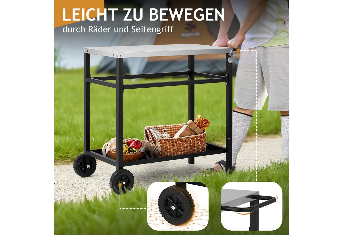 LALAHO Grillablagetisch Grilltisch Outdoor Schreibtisch aus Edelstahl Silber, Beistelltisch mit Rädern, 95 x 51 x 83 cm Bild 2