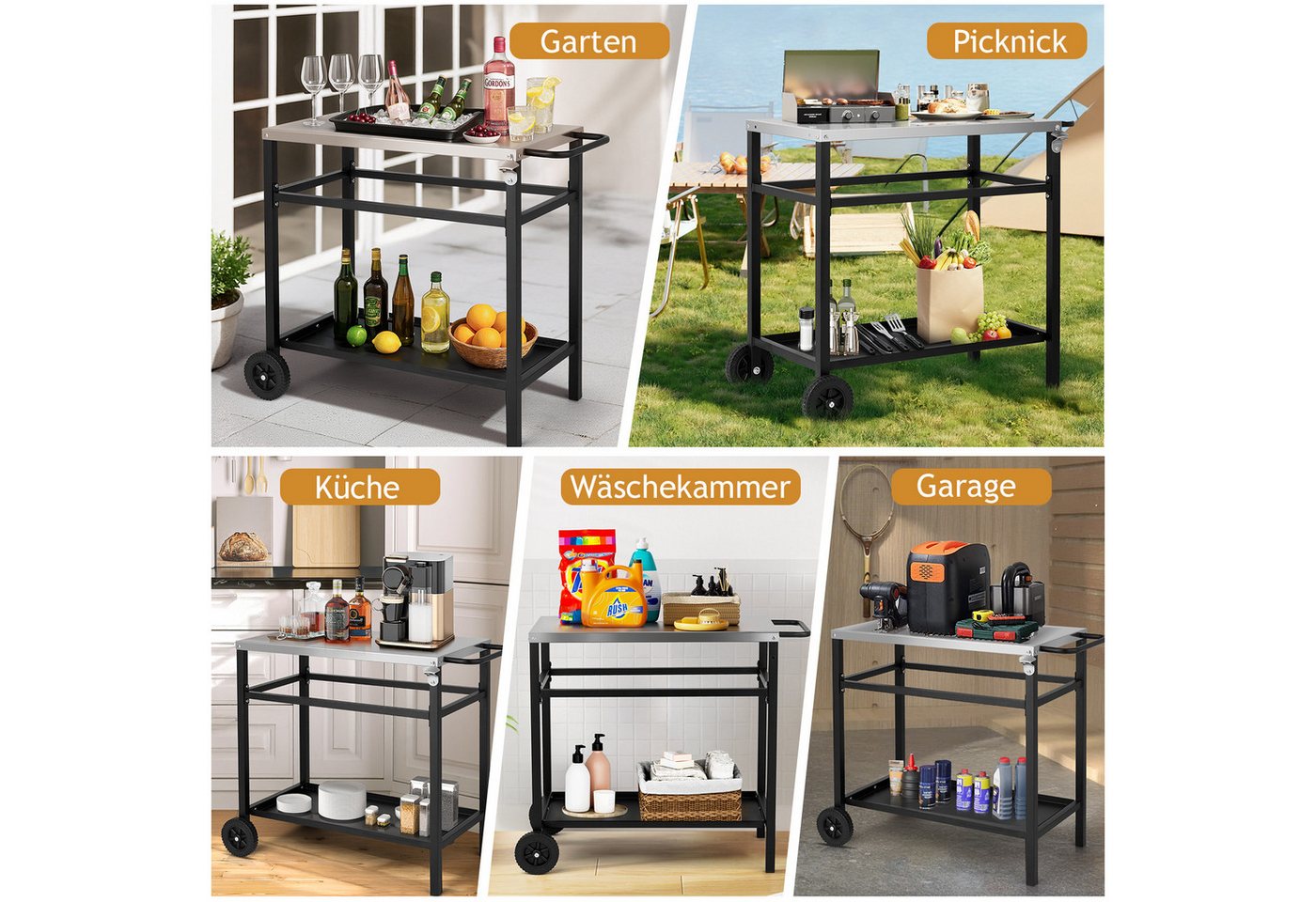 LALAHO Grillablagetisch Grilltisch Outdoor Schreibtisch aus Edelstahl Silber, Beistelltisch mit Rädern, 95 x 51 x 83 cm Bild 3