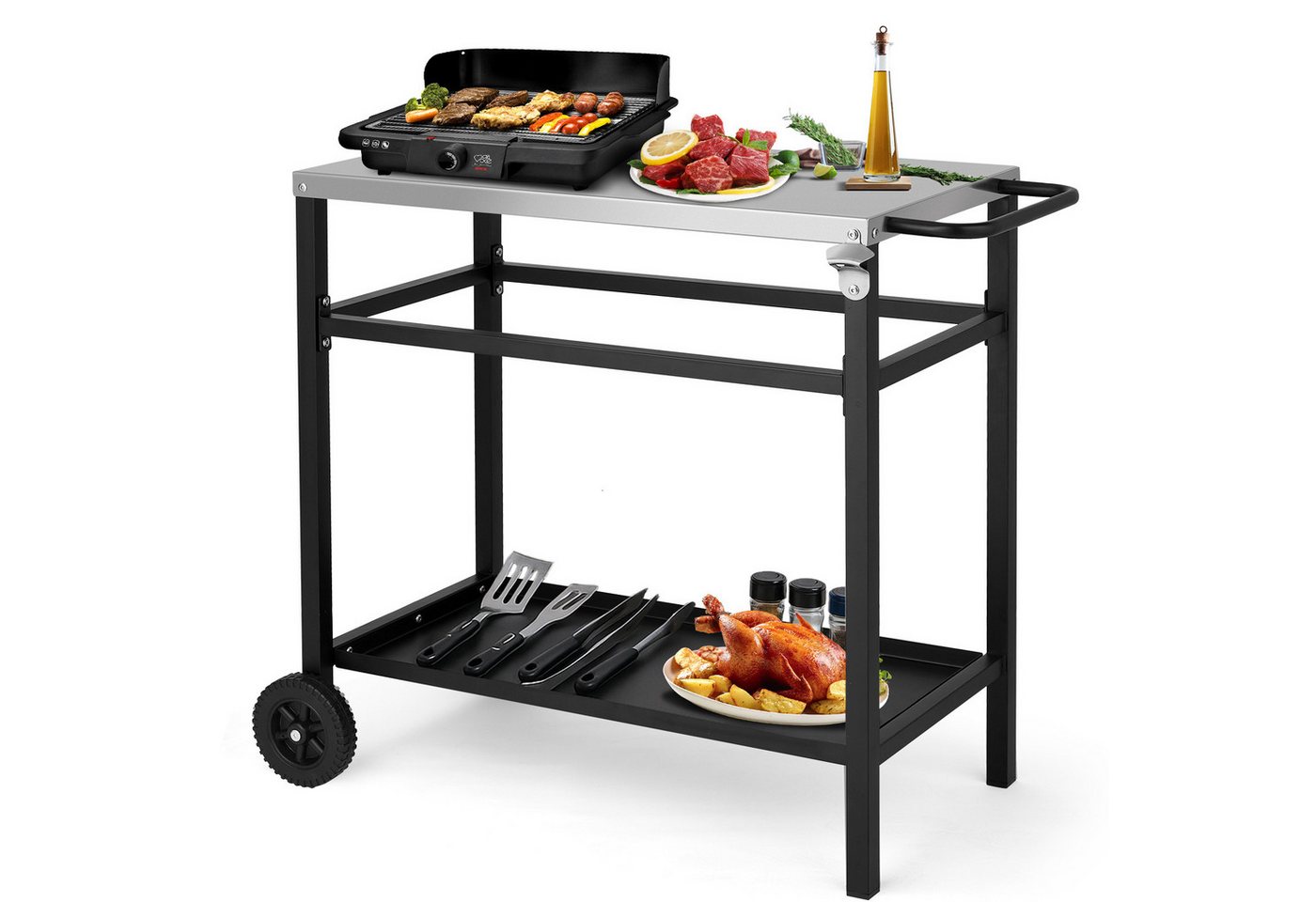 LALAHO Grillablagetisch Grilltisch Outdoor Schreibtisch aus Edelstahl Silber, Beistelltisch mit Rädern, 95 x 51 x 83 cm Bild 4
