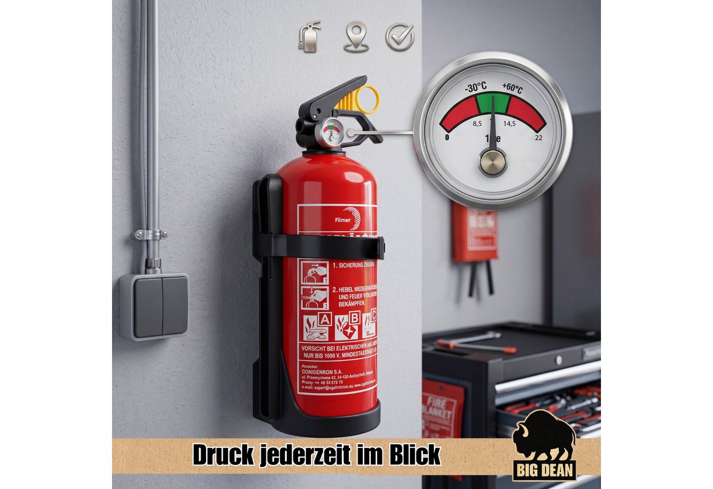 BigDean Pulver-Feuerlöscher mit Halterung Manometer Auto Boot Europa, Löschpulver, (2-St) 2 x Feuerlöscher, Geeignet für Brandklassen A, B, C Bild 4