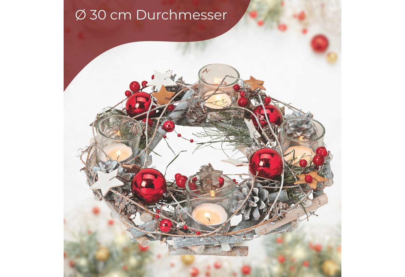 matches21 HOME & HOBBY Adventskranz Holz-Deko Adventskranz 30 cm Teelicht-Halter, rote Weihnachtsdeko, Adventsdeko Teelichthalter als Tischdeko Weihnachts-Kranz Bild 3
