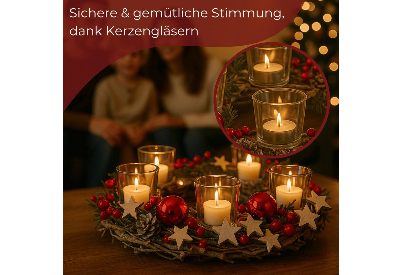 matches21 HOME & HOBBY Adventskranz Holz-Deko Adventskranz 30 cm Teelicht-Halter, rote Weihnachtsdeko, Adventsdeko Teelichthalter als Tischdeko Weihnachts-Kranz Bild 4