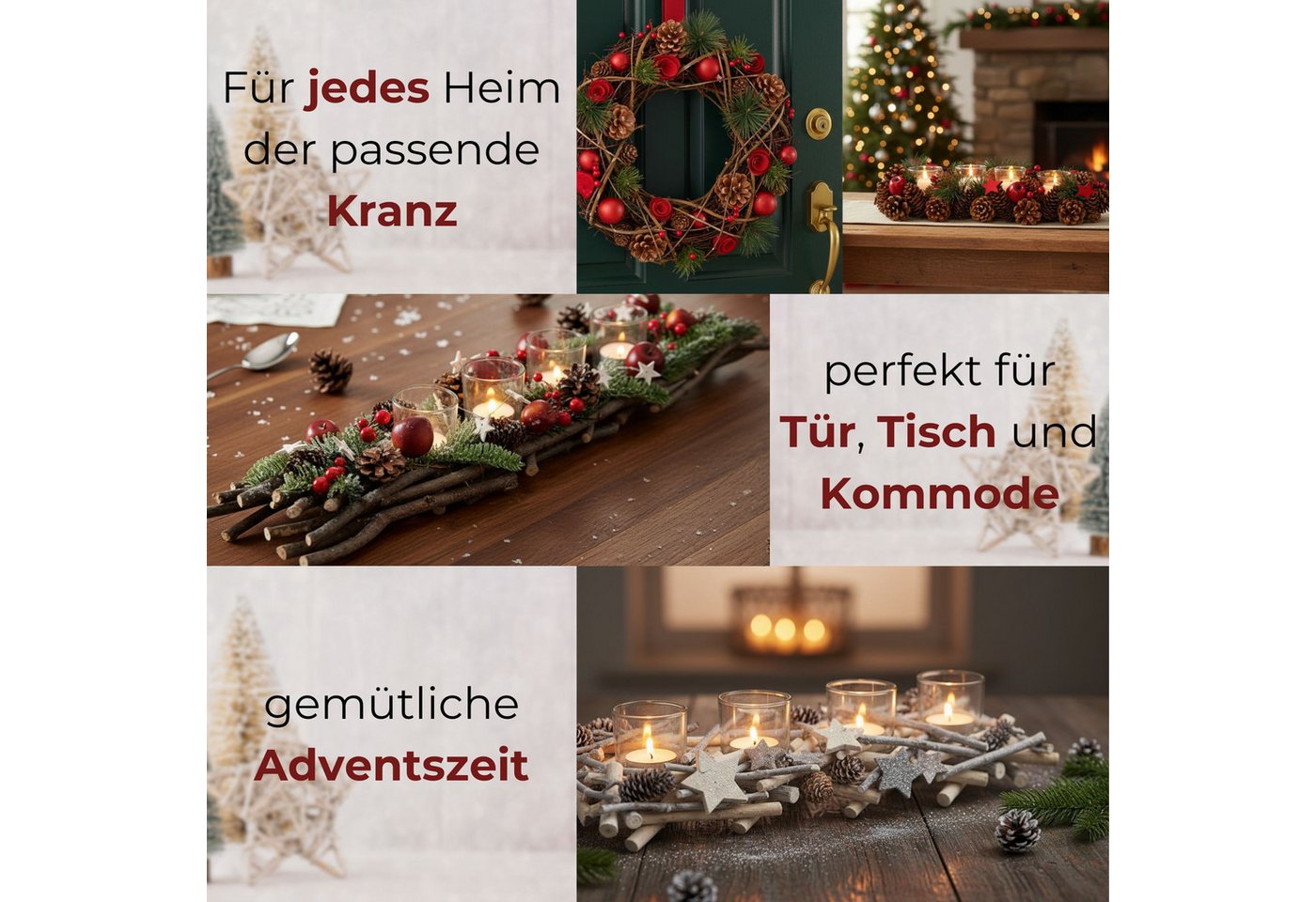 matches21 HOME & HOBBY Adventskranz Holz-Deko Adventskranz 30 cm Teelicht-Halter, rote Weihnachtsdeko, Adventsdeko Teelichthalter als Tischdeko Weihnachts-Kranz Bild 5